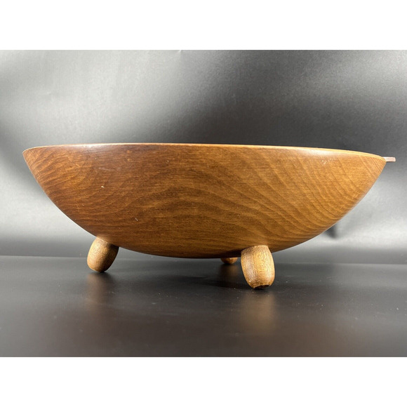 Vintage Footed Wood Salad Bowl Fork Spoon Set By Woodcraftery Made In USA - Picture 2 of 16